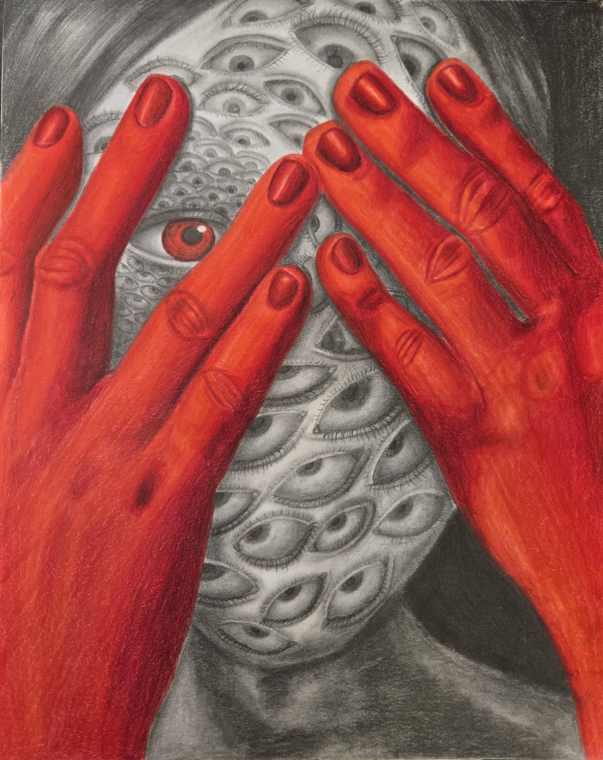 realistic drawing of a face covered in eyes with red hands